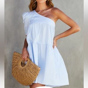Vici Light Blue Washington Cotton One Shoulder Pocketed Mini Dress